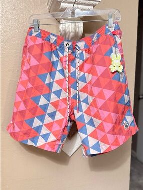 Psycho Bunny Red Pink Blue Geometric Swim Shorts